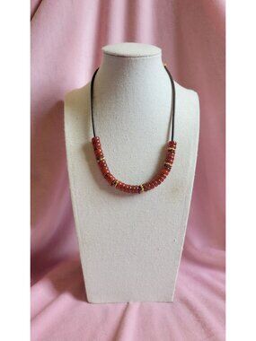 Vintage Carolee Signed Orange Glass Disk Beaded Cord Gold Tone Necklace N1F
